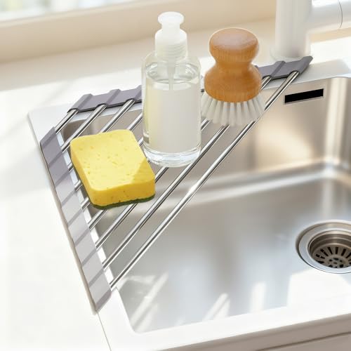RuruPura Corner Sink Roll Up Triangular Dish Drying Rack, Small Multipurpose Stainless Steel Corner Shelf Over The Sink, Kitchen Drainer & Organizer for Space-Saving Storage