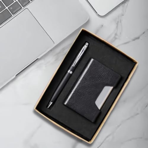 Image of 2-in-1 Card Holder and Metal Pen Gift Set, Black Leather Steel Business Card Case, Corporate Gift Set (Black)