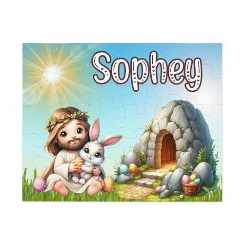 Hiding Place Boutique, Handmade Personalized He Is Risen Child Name Puzzle, Boy Jigsaw Game, Custom Kid Girl Bunny Rabbit Candy Basket Train Jesus Happy Easter Empty Tomb Candy Egg Hunting Christian