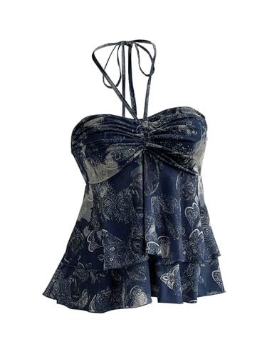 Verdusa Women's Boho Printed Ruched Halter Top Spaghetti Strap Layered Ruffle Fitted Tops
