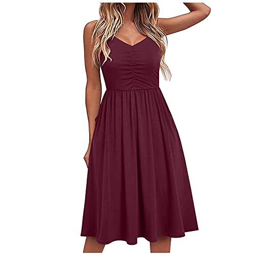 Sommerkleid Damen Knielang Spaghetti Träger Kleid Rückenfrei Strandkleid Elegant V-Ausschnitt Plissierte Swing Einfarbig Festliche Kleider...