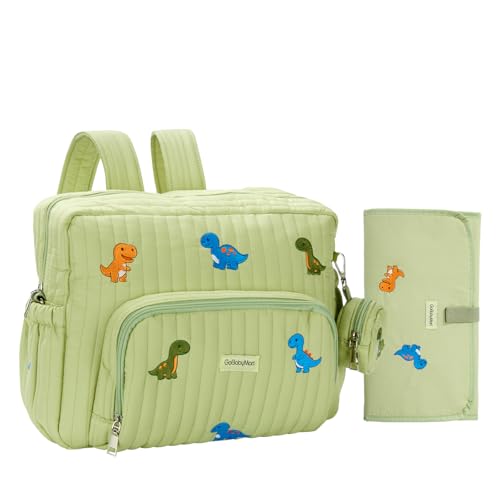 GOBABYMART Diaper Bag Backpack with Changing Pad - Travel Baby Bag, Insulated Bottle Pockets, Stroller Straps (Medium - Green Dinosaurs)