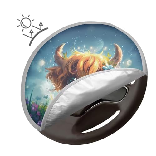 Image of Kawaii Highland Cow Steering Wheel Cover Protector Foldable Car Steering Wheel Sun Shade Cover Car Interior Design Sun Shade for UV Protection Universal Steering Wheel Shield