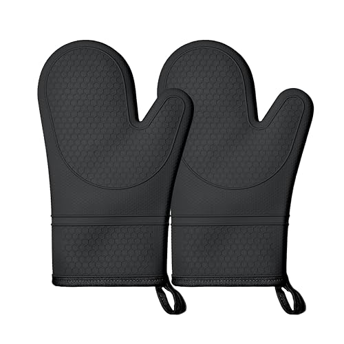 1 Pair Silicone Oven Mitts, Heat Resistant to 500°F, BPA-Free, Waterproof Oven Gloves with Quilted Cotton Lining, Non-Slip Grip for Cooking, Baking, Grilling (Black)