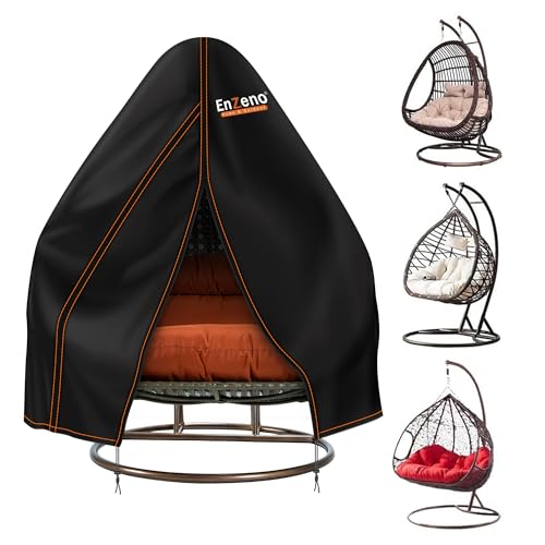 Enzeno Outdoor Double Egg Chair Cover Waterproof 2 Seat Egg Swing Chair Cover Large Wicker Patio Hanging Egg Chair Covers 210D Veranda Garden Cocoon Egg Chair Rain Covers 230x200cm Black
