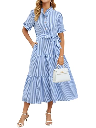 Womens Striped Summer Dress Elegant Ruffled Sleeve Button Down Tie
