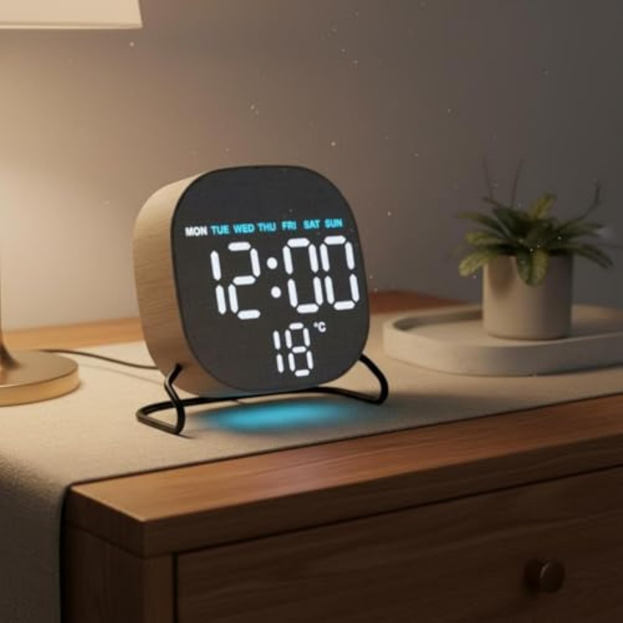 Wood Grain Ambient Light Desk Clock, Temperature Display