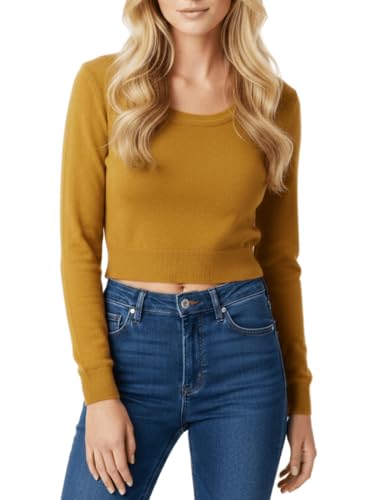 Image of Women's Crop Top Stretch Sweater - Long Sleeve Slim Bodycon Crewneck Casual Basic Solid Cropped Knit Pullover Top