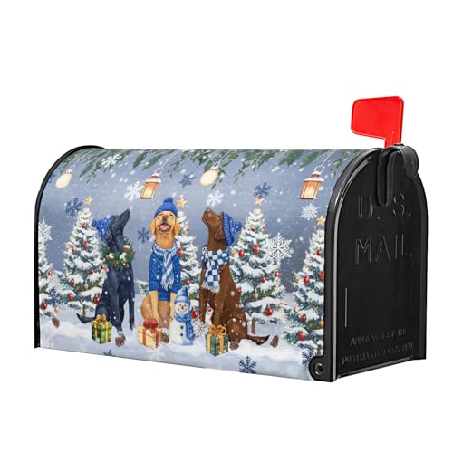 Image of Winter Dog Magnetic Mailbox Cover, 25.5x21 Inch Christmas Puppy Tree Snowman Decorative Waterproof Mailbox Wrap Letter Post Cover Large Size for Garden Yard Outdoor Season Outside