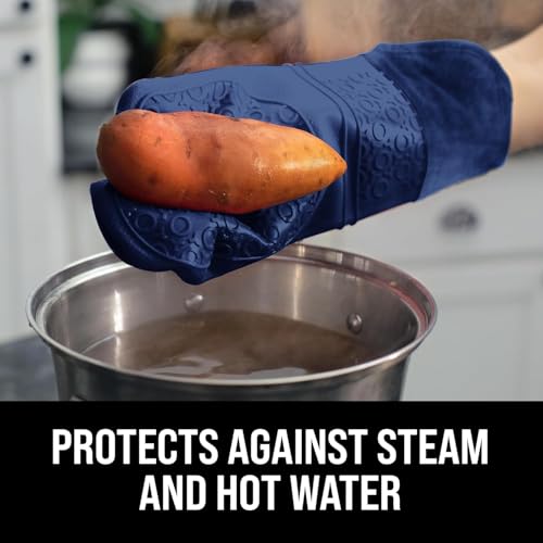 Image of BPA-Free Soft Silicone Oven Mitts - Ultra Heat Resistant Oven Mitts with Thick Cotton Liner - Extra Long Slip Resistant Pot Holders, Flexible Oven Gloves - Navy 14.7 inch