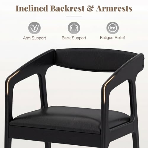 Image of COSTWAY Dining Chairs with Arms Set of 2, Mid Century Modern Wooden Accent Chairs with Faux Leather Seat & Padded Backrest, Kitchen Side Armchairs for Living Dining Reading Room, Black & Black