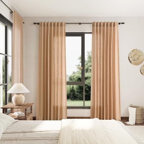 Image of Camel Linen Curtains 84 Inches Long for Bedroom Back Tab Light Filtering Privacy Semi Sheer Curtains Modern Farmhouse Decor Camel Cotton Elegant Curtain for Living Room 2 Panels Set 52x84 Inch