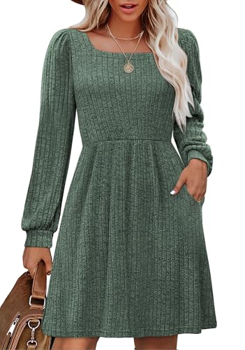 Image of Aokosor Women Dresses Long Sleeve Jumper Dress Ladies Square Neck Tunic Dress with Pockets Knee Length Jumper Dress Size 18-20 Green XL