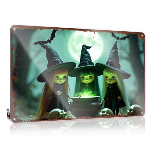 LOP Letrero de metal con texto en inglés «Drink Signs» con texto en inglés 'Noche de Halloween': Tres brujas preparando bajo la luna llena (30 x 40 cm)