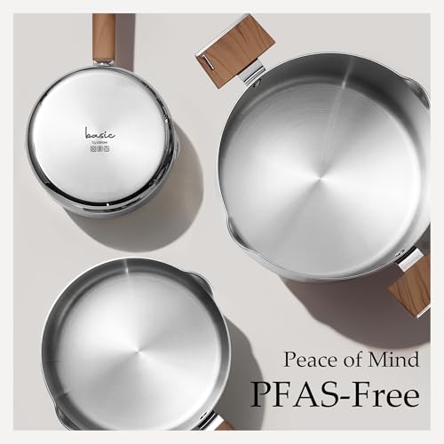 Image of CAROTE1.5Qt & 3Qt Stainless Steel Saucepan Set, Triple Ply Stainless Steel Pot, Saucepan with Glass Lid, Small Sauce Pot with Wooden Handle, Easy Pour Rim