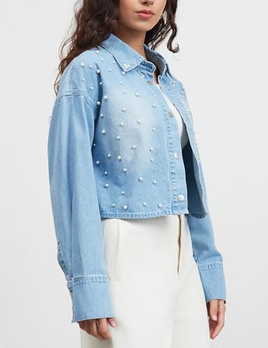 Ladyful Oversized Jean Jacket for Women Pearl Cropped Lightweight Button Down Long Sleeve Denim Jacket Coat4