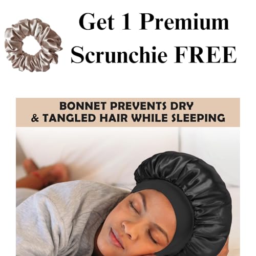 Image of Satin Bonnet for Hair, Adjustable Silky Hair Cap for Sleeping, Bonnet for Curly Hair with Soft Jersey Fabric Band, Stylish and Comfy Satin Hair Bonnet For Men and Women (Black)