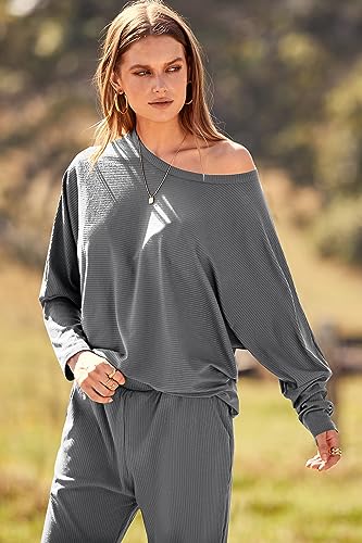 PRETTYGARDEN Women's Fall 2 Piece Lounge Set Long Sleeve Tops Ribbed Pants Spring Matching Sweatsuit Travel Outfits Clothes