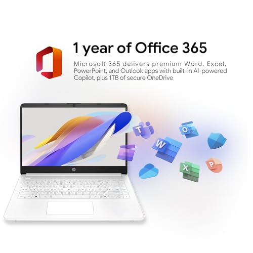 Image of HP 14 inch Laptop . Microsoft 365 Included . 576GB Storage (64GB + 512GB SD) . 4GB RAM . HD Display . 12-Hour Battery . WiFi . Bluetooth . Windows 11 White