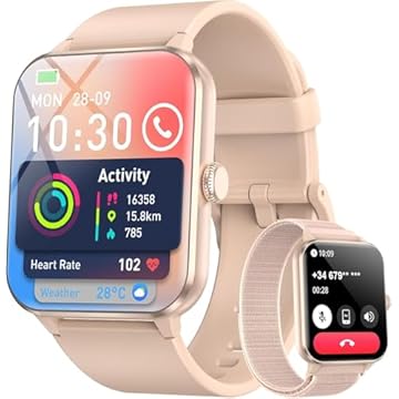Smartwatch Tela Full Touch 1.85", Resistente à Água IP68, Compatível com iOS e Android, 120+ Modos Esportivos, Assistente de Voz, Faz e Recebe Ligações, Unissex, 3 Pulseiras (Ouro)