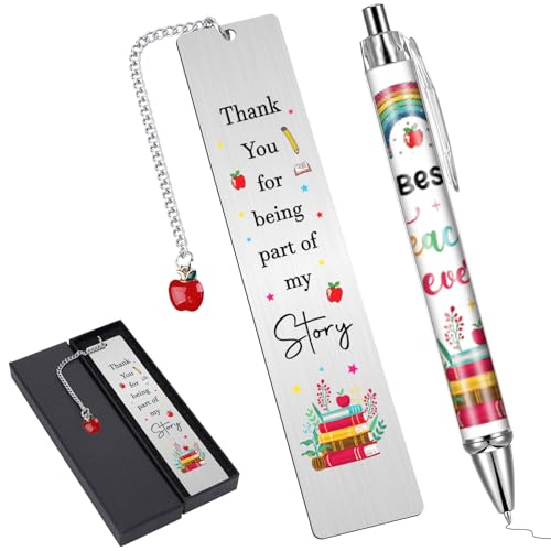 Berirexrion Teacher Appreciation Bookmark Gifts - 2 Pcs Apple Charm Metal Book Mark with Pen Thank You Page Marker for Reading Lovers Teachers Day Back to School End of Year World Book Day Presents