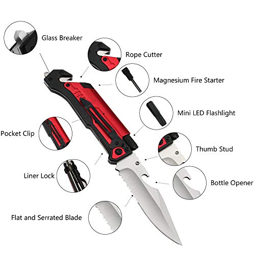 Image of ALBATROSS Best 6-in-1 Survival Tactical Military Folding Pocket Knives with LED Light,Seatbelt Cutter,Glass Breaker,Magnesium Fire Starter,Bottle Opener;Multi-Function Emergency Tool(Red-SA)