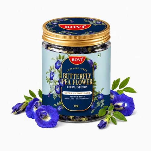 Image of BOVI Butterfly Pea Flower Tea Loose Petals - 50gm | Aparajita /Shankhpushpi Herbal Tea | Caffeine & Chemical Free | Supports Weight loss & Antioxidant Rich Wellness