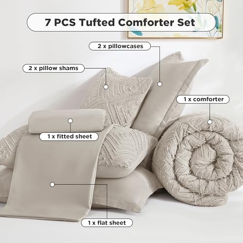 Image of Andency Oversized Queen Comforter Set 7 Piece Linen - Bed in a Bag Oversized Queen Boho Lightweight Fluffy Tufted Bedding Sets with Comforter, Sheets, Pillowcases & Shams