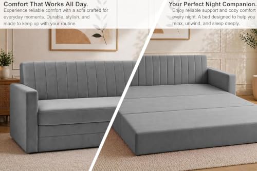 Image of Modern Velvet 3 Seater Sofa Cum Bed with Armrest, Convertible Sleeper Couch Sofa for Living Room - Grey Color