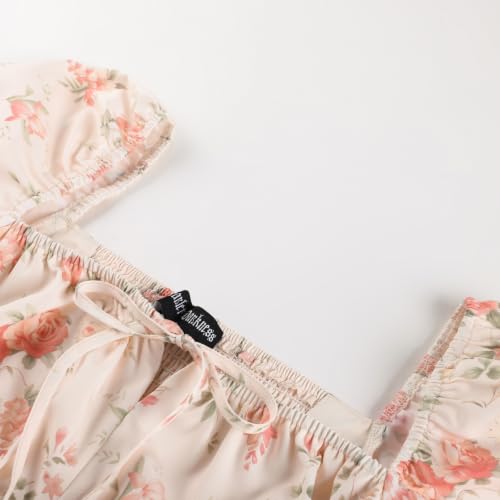 Image of Scarlet Darkness Summer Spring Split Floral Corset Midi Dress with Pockets | Floral dress with elastic sleeves, tie square neck, smocked back, 66 boned waist, left zip, side pockets, front thigh slit