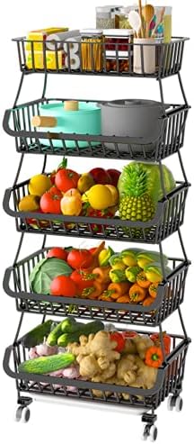 FANWU 5 Tier Fruit Basket Stand, Fruit and Vegetable Storage Cart, Wire Storage Basket with Wheels, Metal Stackable Snack Organizer, Potatoes Onions Produce Storage Bins Rack for Kitchen, Pantry (Black-5-Tier Storage Baskets)