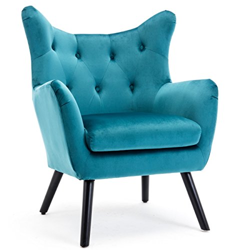 BELLEZE Mid Century Wing Back Chair Button Tufted Wood Leg Wood Frame Polyester Upholstered Arm Curved Living Room Teal
