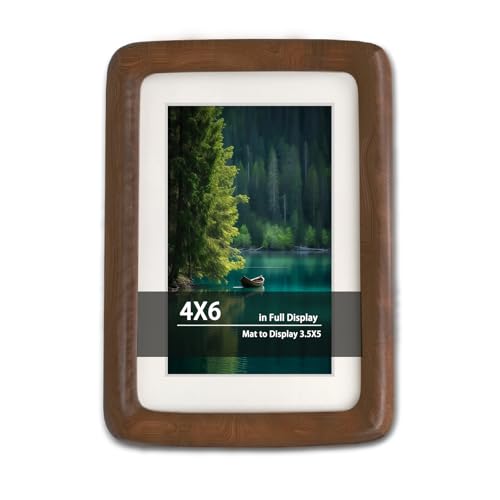 RRQKMBO 4x6 Picture Frame with Mat to 3.5x5, Natural Dark Walnut Wooden Handcrafted Frame Rounded...
