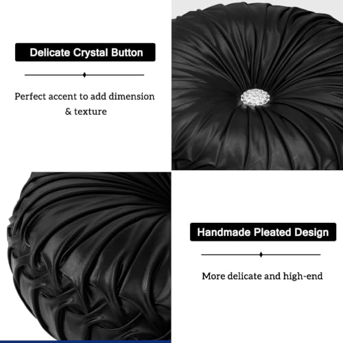Image of HIG Set of 2 Black Metallic Leather Decorative Round Pleated Throw Pillows