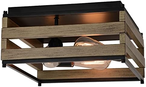 Ravenswood 13-in W Black and Wood Slat Square Farmhouse Flush Mount Ceiling Light Fixture