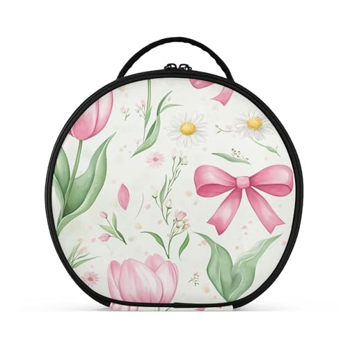 Takiito Tulips Bows Travel Makeup Case Portable Makeup Box Artist Cosmetic Case Organizer With Adjustable Dividers