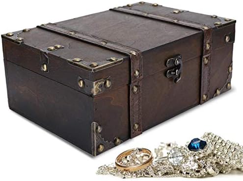 Vintage Wooden Storage Box, Pirate Treasure Chest Storage Box, Vintage Decorative Treasure Jewelry Chest with Lock Home Decoration for Living Room Bedroom 23.5 x 16 x 9.5cm