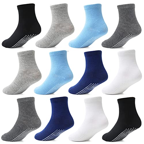 HYCLES Baby Grip Socks 12 Pairs for Boys Girls 0-10 Years - Toddler Non Slip Kids Anti Skid Crew Socks with Grips 7-10 Years