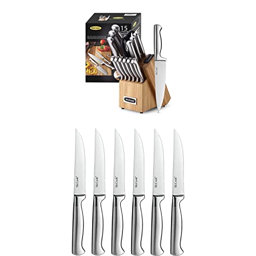 McCook MC19 15 Pieces Stainless Steel Knife Block Sets with Built-in Sharpener + McCook MC59 Full Tang Serrated Stainless Steel Steak Knives Set