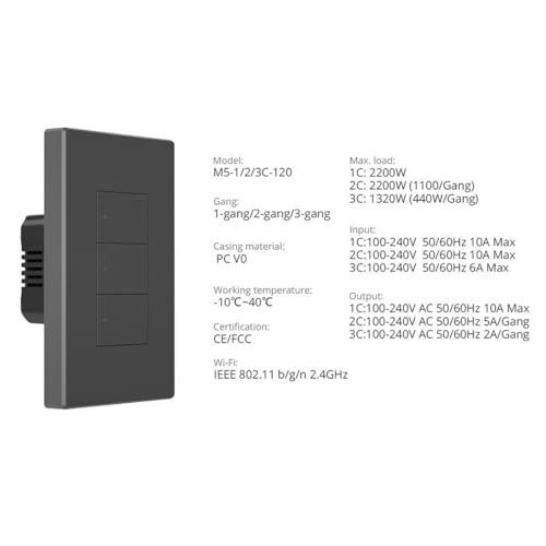 Image of Ledgebit M5-3C-120 SwitchMan 3-Gang Smart Wall Switch - Push Button, Voice /App Control, Compatible with Alexa, Google Home, eWeLink, CE Certified
