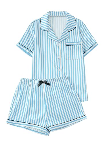 Image of Remidoo Women's Silk Satin Pajama Set Striped Button Up Pjs Short Sleeve Loungewear Blue Large