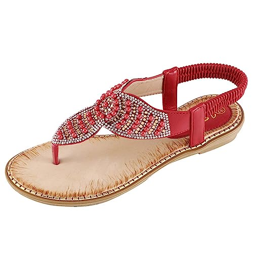 Ladies Open Toe Sandals Womens Diamante Flip Flops Orthopedic Sandals Breathable Anti-slip Platform Wedge Shoes Adjustable Elastic Ankle T-Strap Beach Thong Sandals,Red,40
