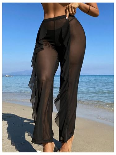 GORGLITTER Women's Sheer Mesh Ruffle Bottom Cover Up Pants High Waist Beach Coverups4