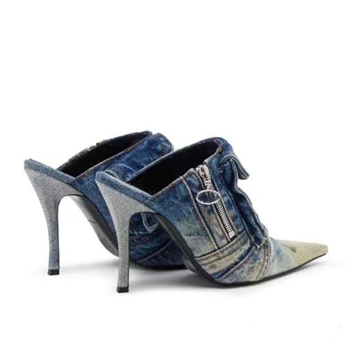 MILDSEVEN Fashion Denim High Heel Slippers with Zipper for Women, Sexy Large Size Ponited Toe Casual Sandals for Banquets, Parties And Wedding4