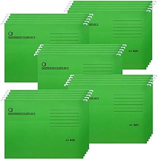A4 Suspension Files, 25 Pcs Recycled Card Filing Cabinet Dividers with Tabs and Card Inserts, Hanging Files Storage Folders for Office and School, Green