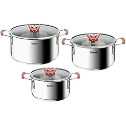 Cacerola De Acero Tefal OptiSpace - Juego de 3 Cacerolas + 3 tapas: Cacerolas de 18, 20 y 24 cm de acero inoxidable, 3 tapas planas, asas antideslizante toque frío, marcas de medida, todo tipo de cocinas