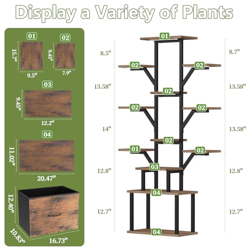 Image of Plant Stand Indoor with Grow Lights - 12 Tiered Metal Plant Shelf with Drawer, 65 inch Large Plant Stand for Indoor Plants, Holds 16 Plant Pots, Flower Holder Plant Rack for Living room, Patio, Bedroom