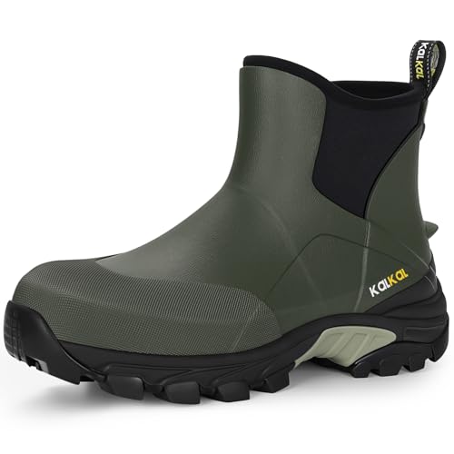 Kalkal Men's Rubber Boots Waterproof Ankle Rain Fishing Boots with Shock Absorption Sports Sole, Comfort Outdoor Mud Boots for Casual Yard Work (Olive Green, Size11)