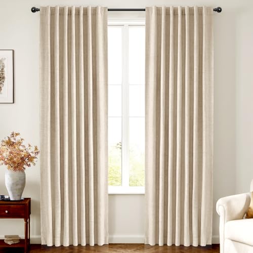 INOVADAY 100% Blackout Curtains 102 Inches Length 2 Panels Set, Back Tab/Rod Pocket Linen Black Out Curtains for Bedroom, Thermal Insulated Window Drapes - Oatmeal, W50 X L102