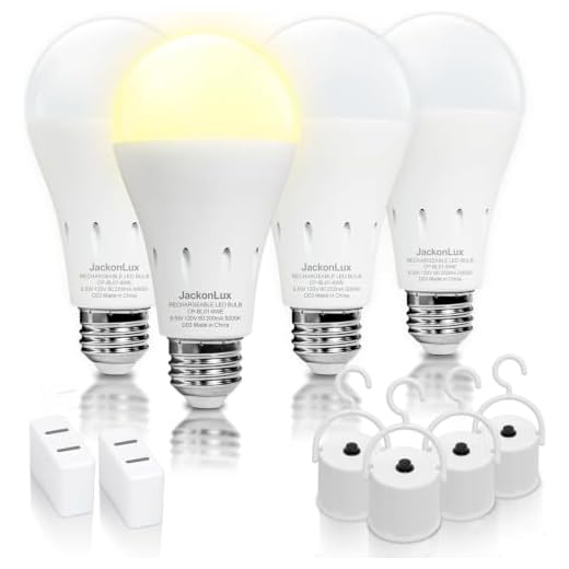 JackonLux Rechargeable Emergency Light Bulb UL Listed Battery Operated Light Bulb Power Outage Camping Reading Lighting Hurricane 9W 850 Lumens Soft White 3000K E26 120 Volt 4-Pack